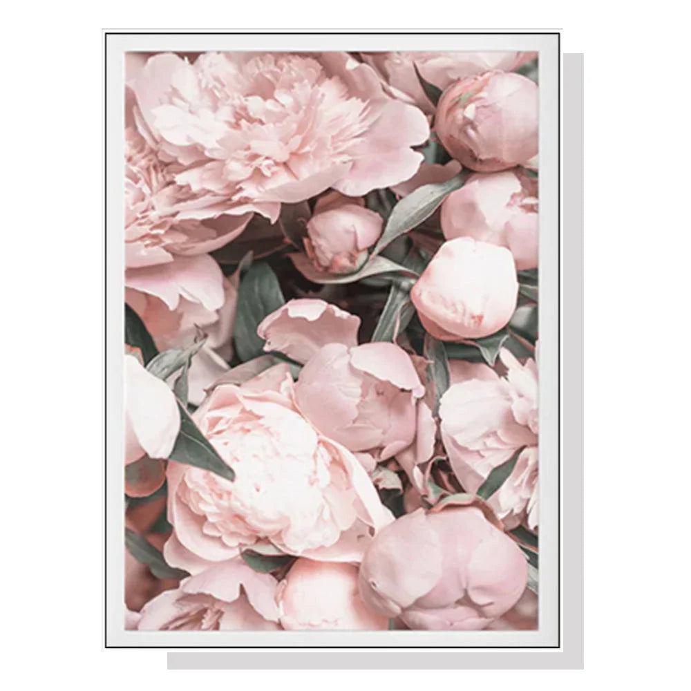 Wall Art Peony Floral 80x120cm White Frame Canvas - Home &
