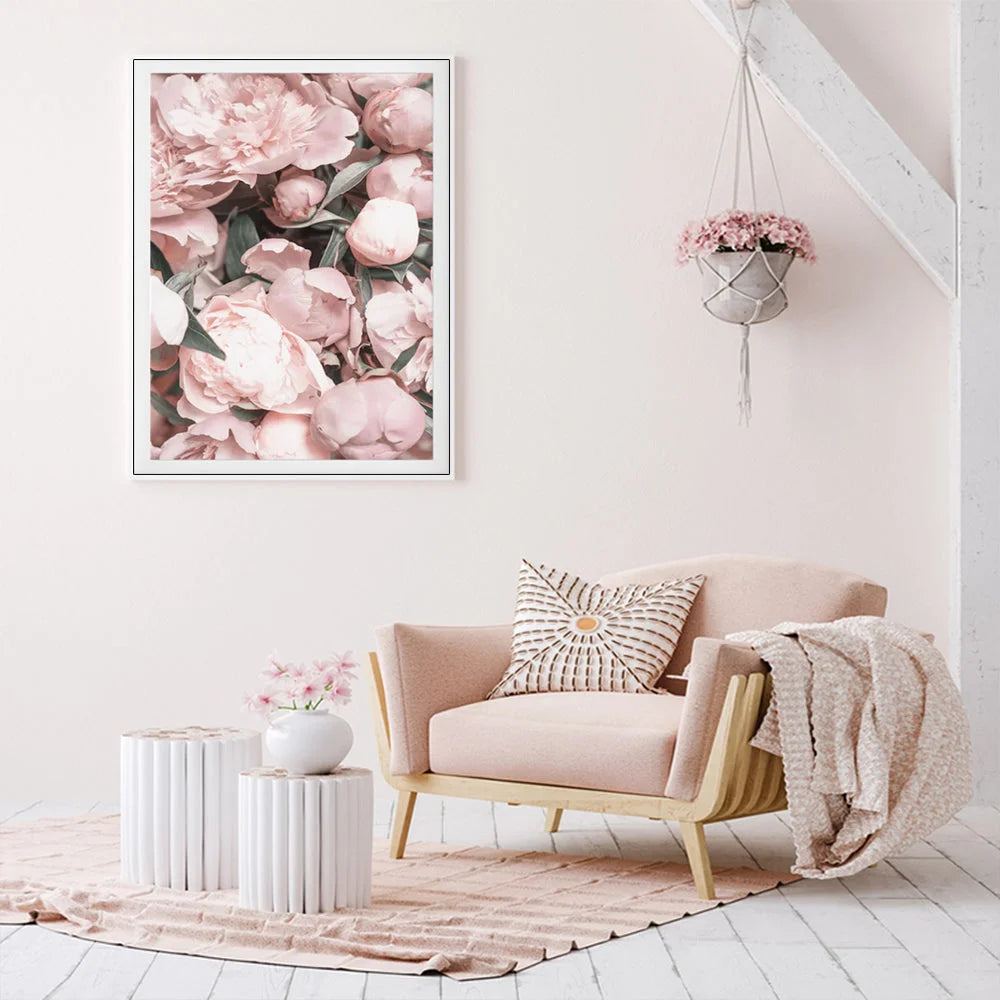 Wall Art Peony Floral 80x120cm White Frame Canvas - Home &