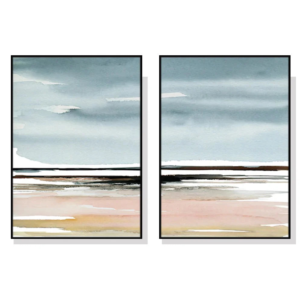 Wall Art Pink Beach Landscape 50x70cm 2 Sets Black Frame