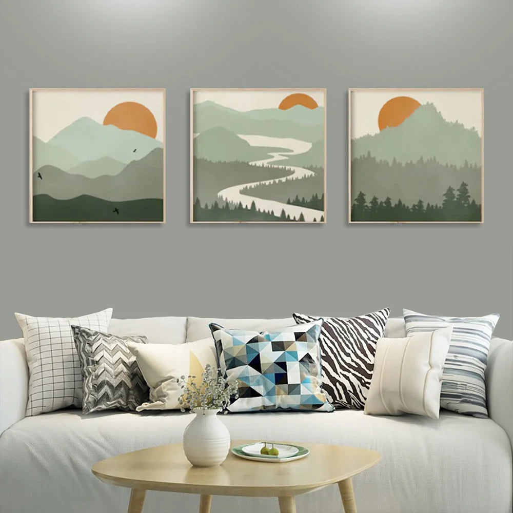 Wall Art Sage Green Landscapes 3-Piece Set 50x50cm Wood