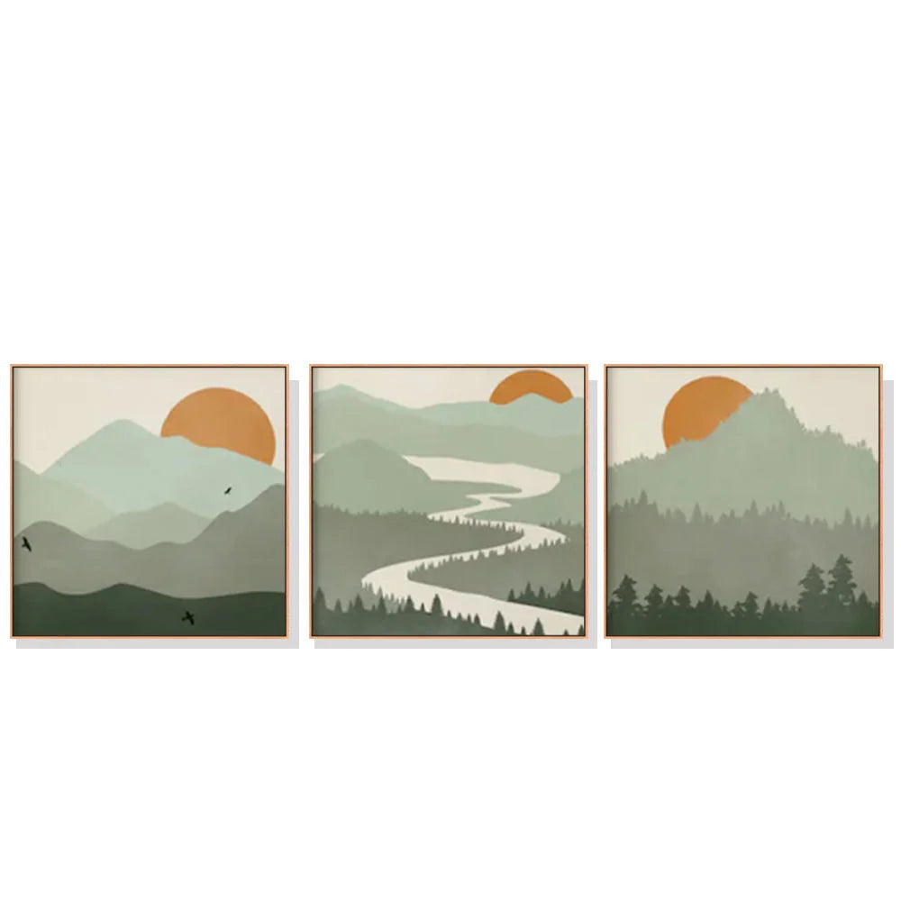 Wall Art Sage Green Landscapes 3-Piece Set 50x50cm Wood
