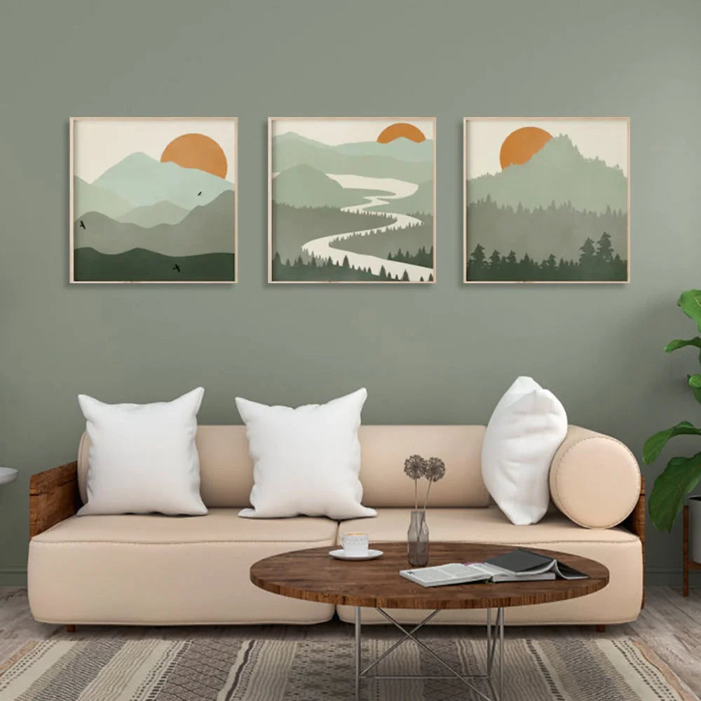 Wall Art Sage Green Landscapes 3-Piece Set 60x60cm Wood