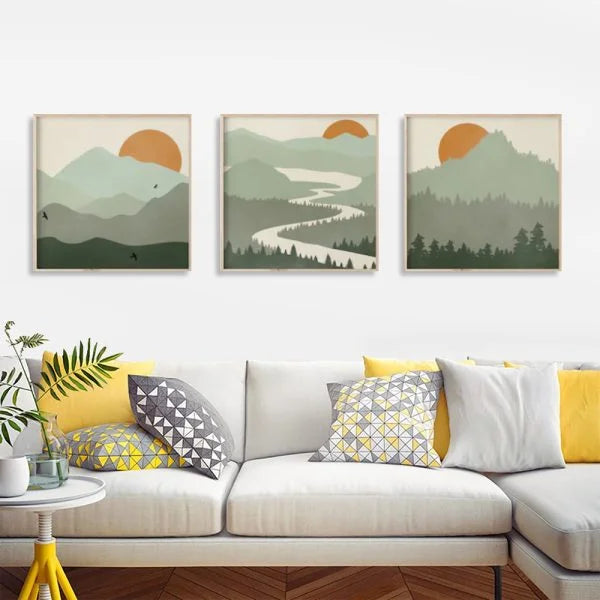 Wall Art Sage Green Landscapes 3-Piece Set 70x70cm Wood
