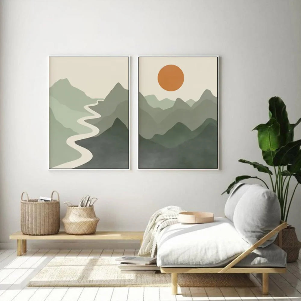 Wall Art Sage Green River Mountain 80cmx120cm White Frame