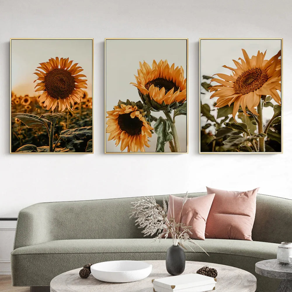 Wall Art Sunflower 40x60cm 3 Sets Gold Frame Canvas - Home