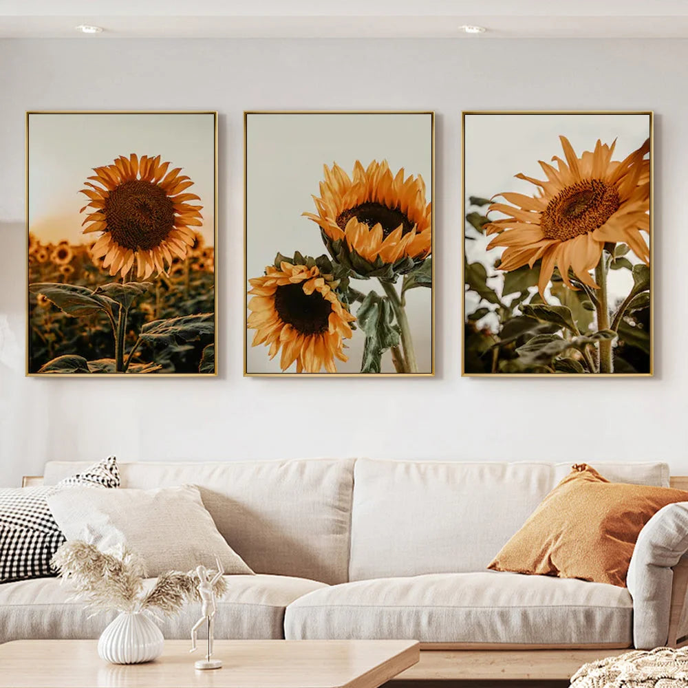 Wall Art Sunflower 60x90cm 3 Sets Gold Frame Canvas - Home