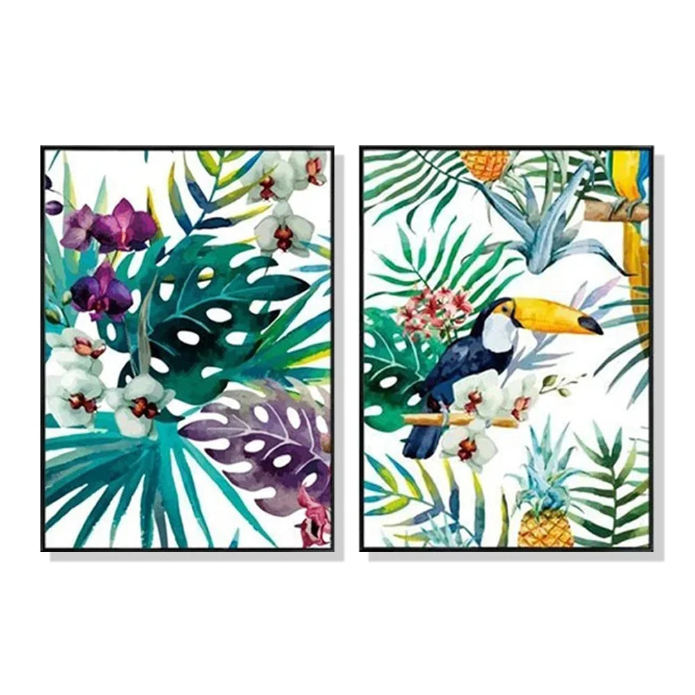 Wall Art Toucan & Orchid Black Frame Canvas 70x100cm (Set