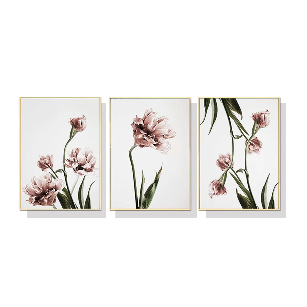 Wall Art Tulip Flower 3 Sets Gold Frame Canvas 40cm x 60cm