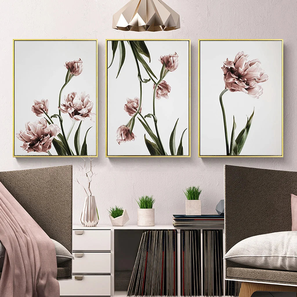 Wall Art Tulip Flower 3 Sets Gold Frame Canvas 40cm x 60cm