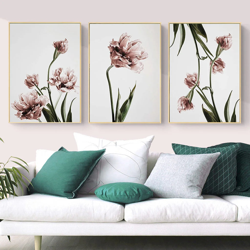 Wall Art Tulip Flower 3 Sets Gold Frame Canvas 50cm x 70cm