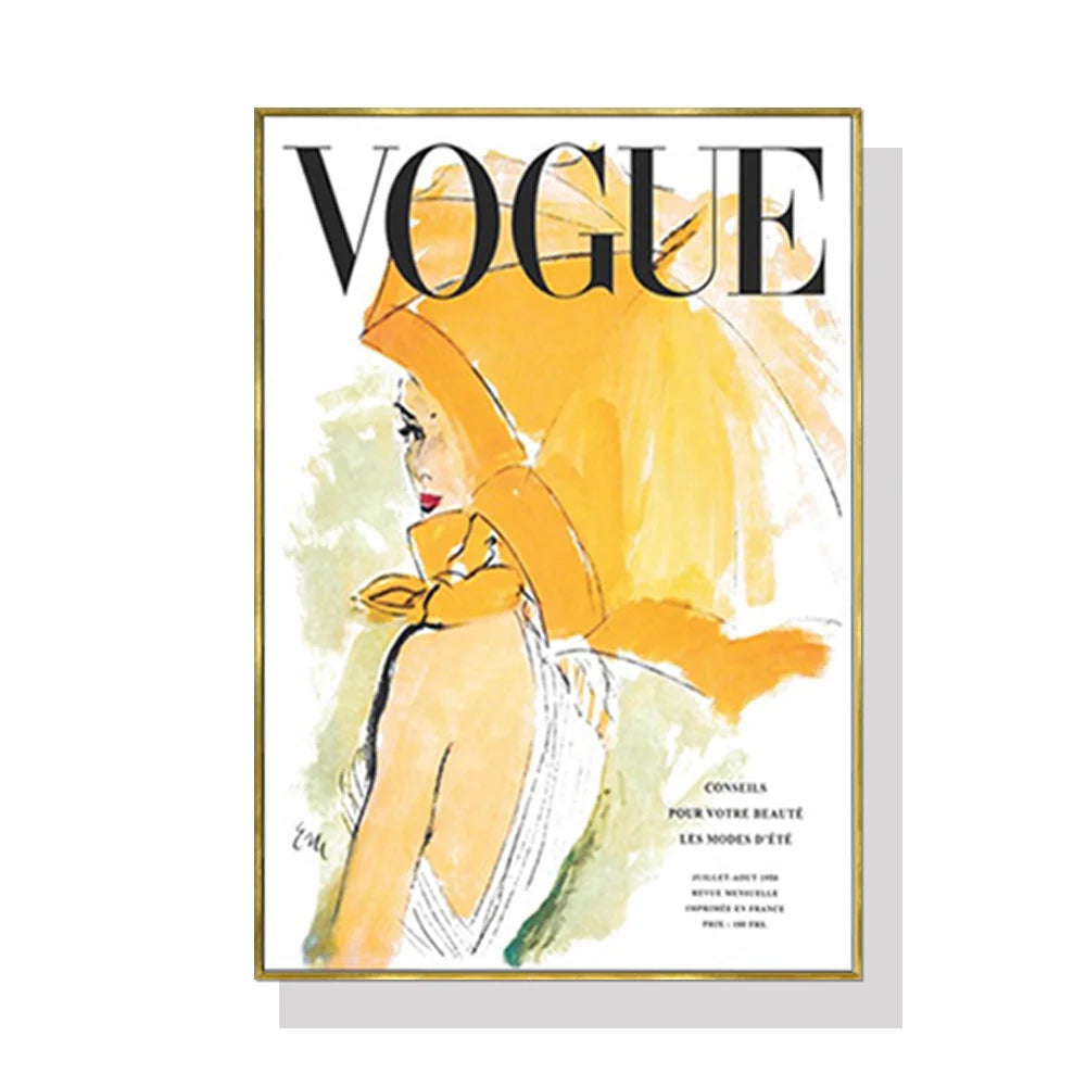 Wall Art Vogue Girl Gold Frame Canvas 40x60cm - Home &