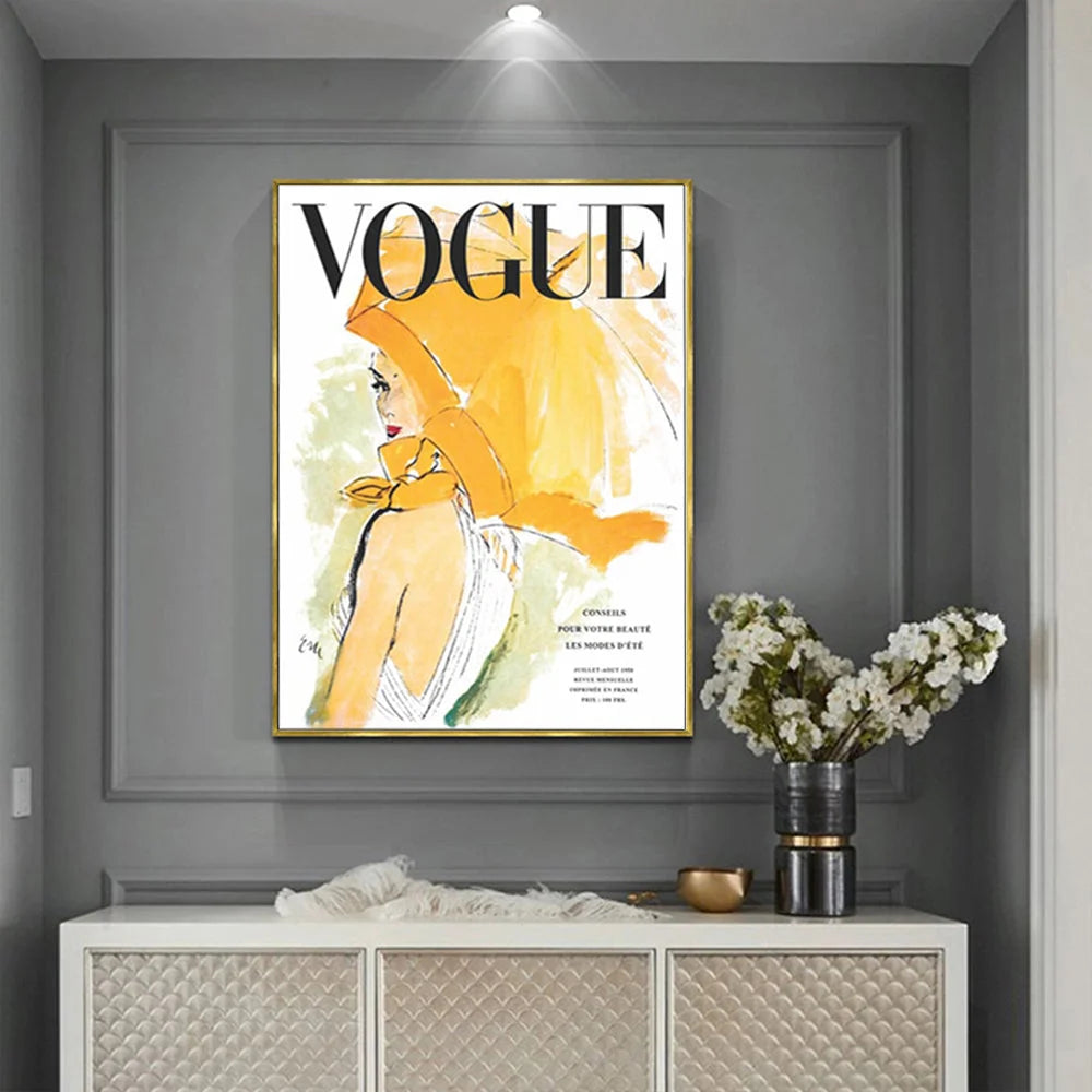 Wall Art Vogue Girl Gold Frame Canvas 90x135cm - Home &