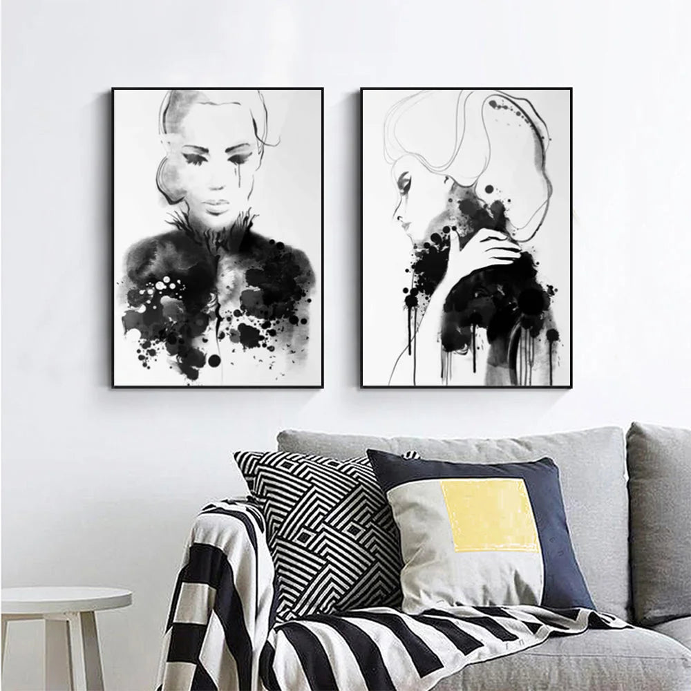 Wall Art Watercolor Sketch 2 Sets Black Frame Canvas
