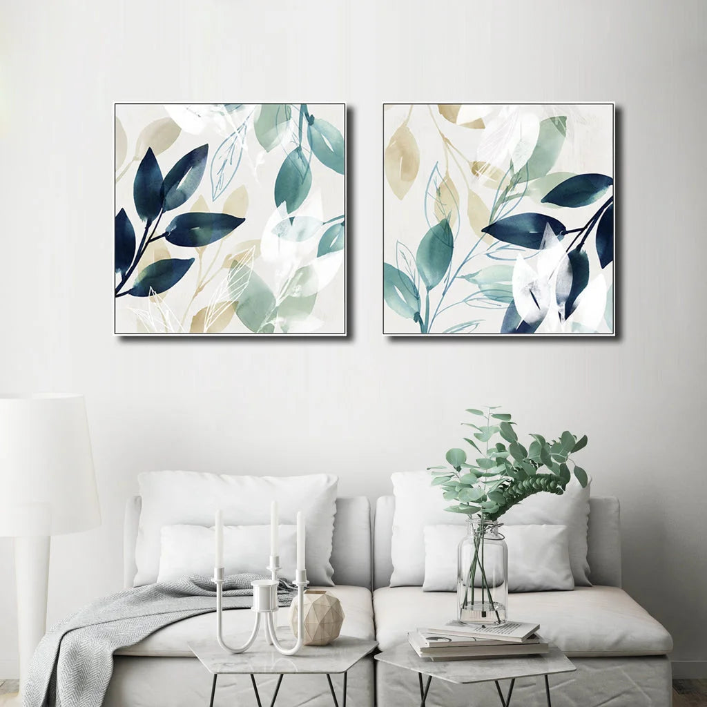 Wall Art Watercolour Style Leaves 2 Sets White Frame Canvas