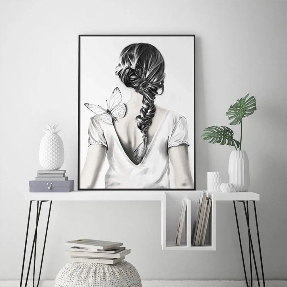 Wall Art Woman Back with Butterfly Black Frame Canvas