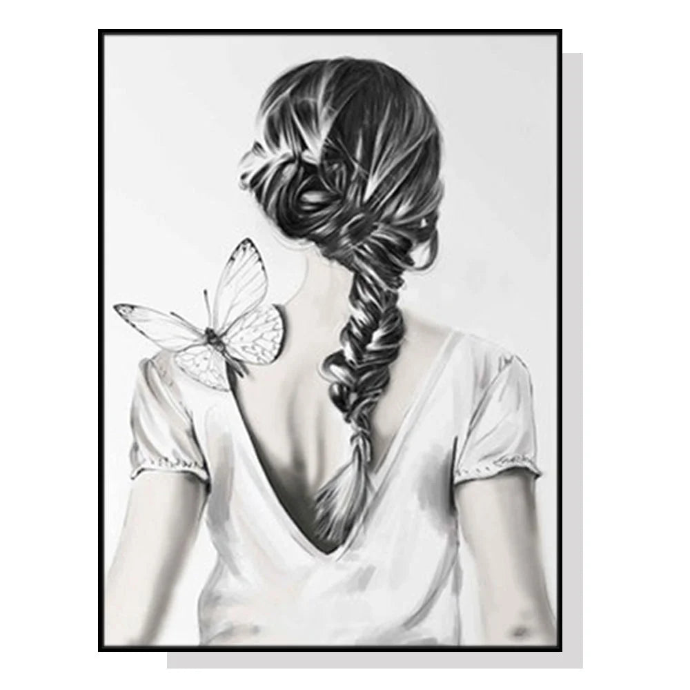 Wall Art Woman Back with Butterfly Black Frame Canvas