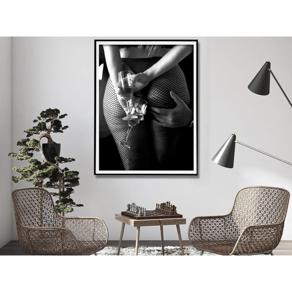 Wall Art Woman Drinking Wine in the Bar 50x70cm Black Frame
