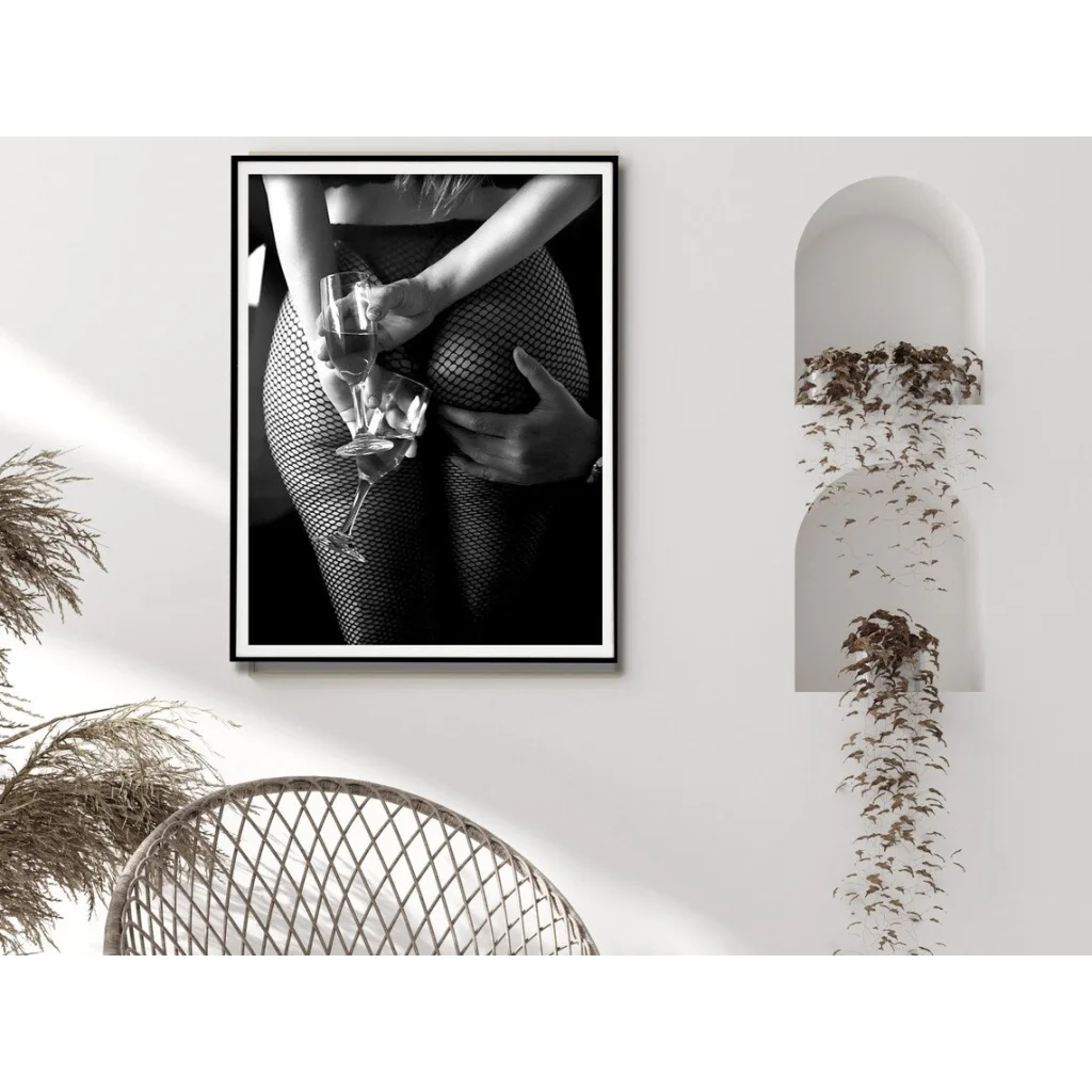 Wall Art Woman Drinking Wine in the Bar 50x70cm Black Frame