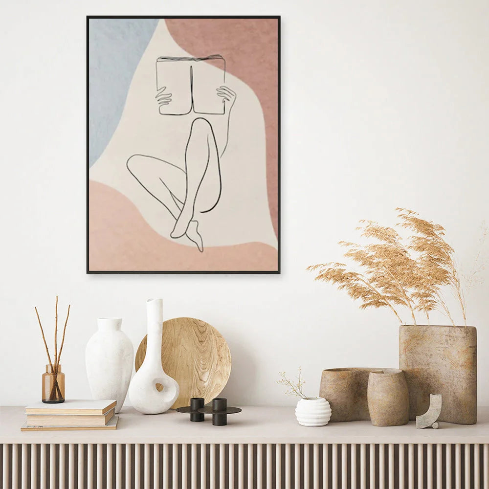 Wall Art Woman Reading Book 60x90cm Black Frame Canvas