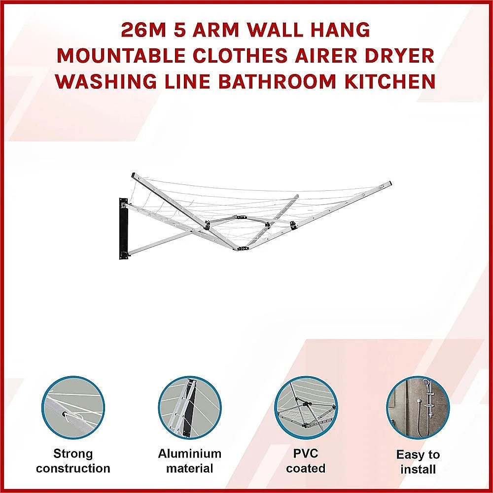 Wall Hang Clothes Airer Dryer 26m 5 Arm Mountable Washing