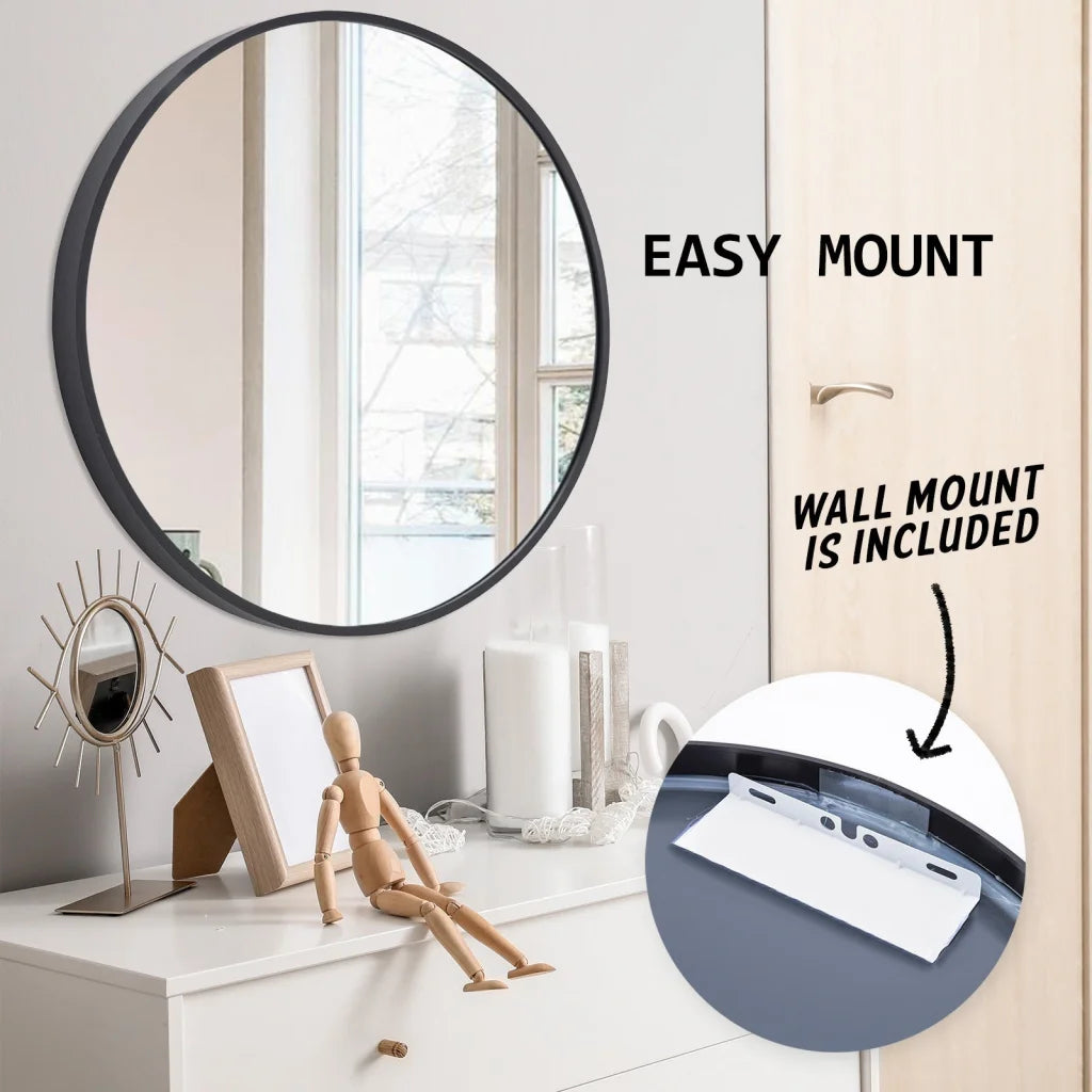 Wall Mirror Round Aluminum Frame Makeup Decor Bathroom