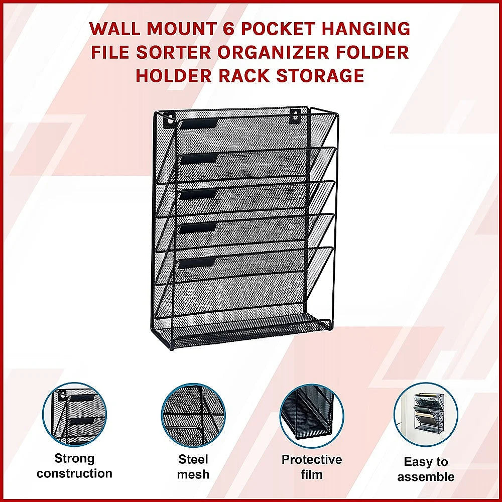 Wall Mount Hanging File Sorter Organizer - 6 Pocket Folder
