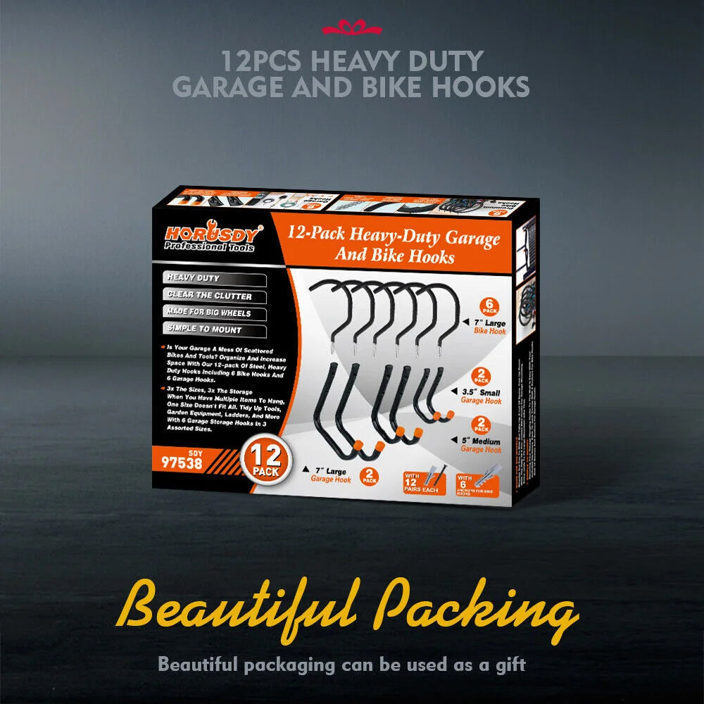 Wall Mount Hooks Set Heavy Duty 12Pc Steel Garage Storage