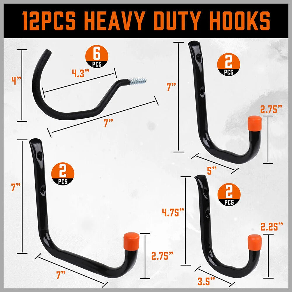 Wall Mount Hooks Set Heavy Duty 12Pc Steel Garage Storage