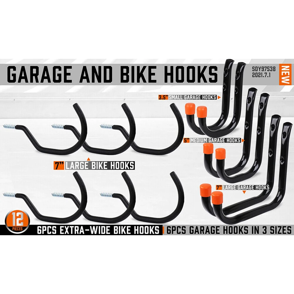 Wall Mount Hooks Set Heavy Duty 12Pc Steel Garage Storage