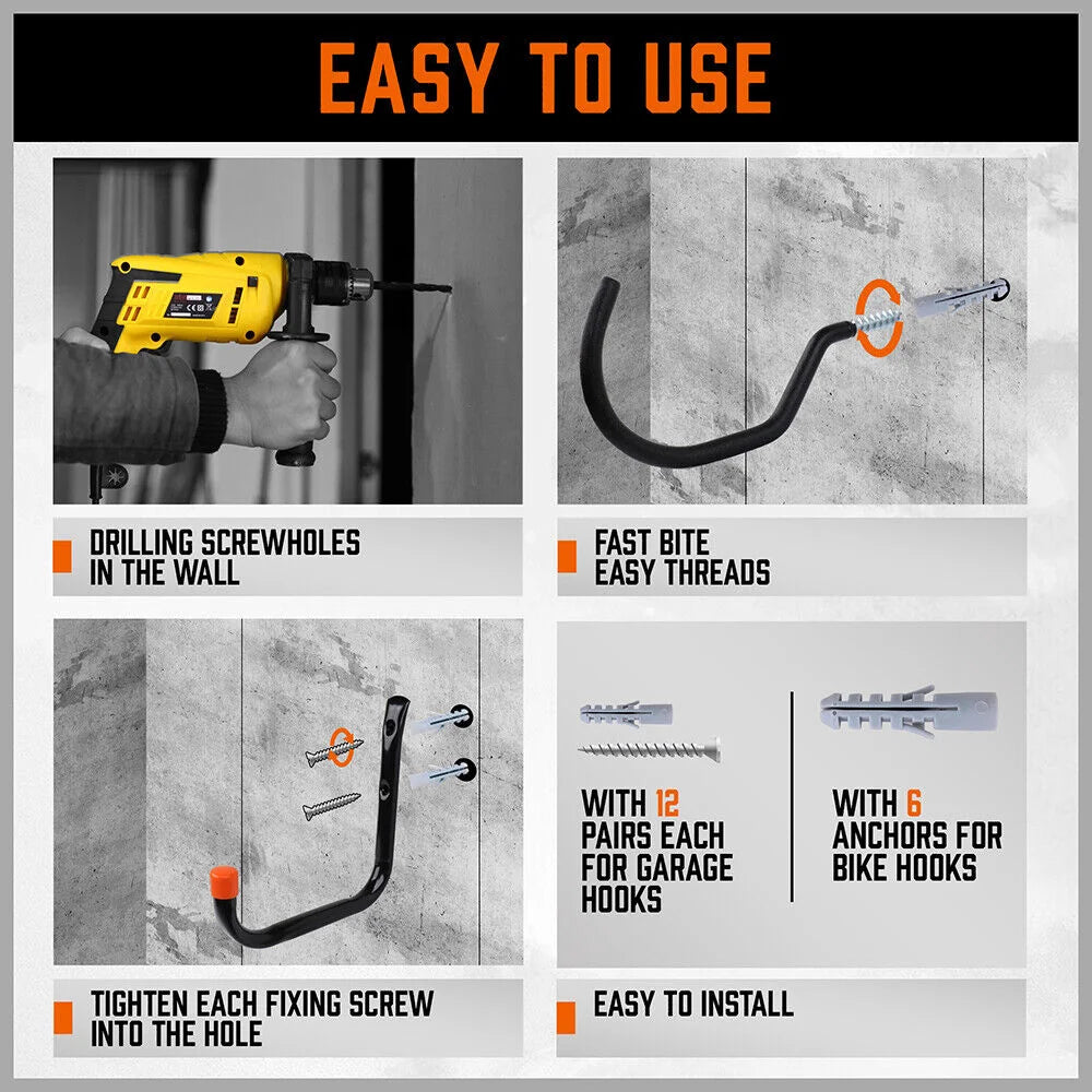 Wall Mount Hooks Set Heavy Duty 12Pc Steel Garage Storage