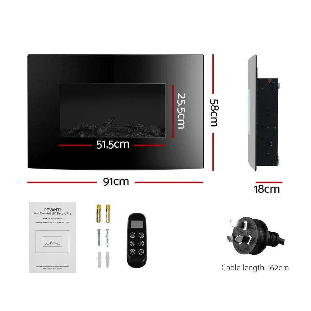 Wall Mounted Fireplace 2000W Fire Log Wood Heater Realistic