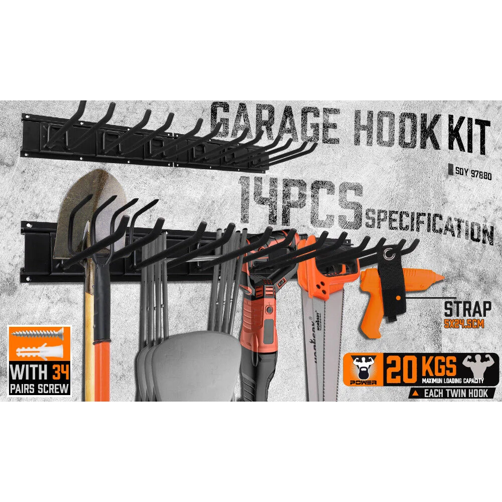 Wall Mounted Hook Rail Set Bike Holder Garden Tool Storage