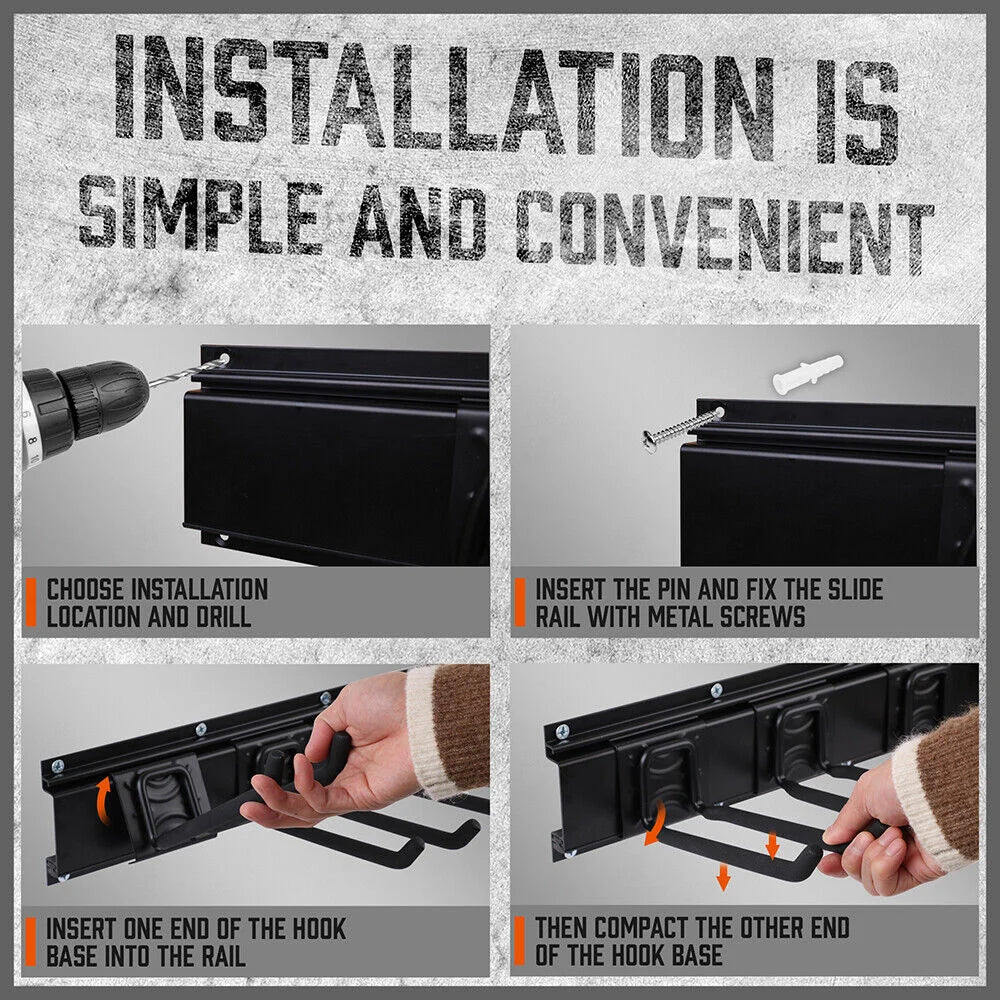 Wall Mounted Hook Rail Set Bike Holder Garden Tool Storage