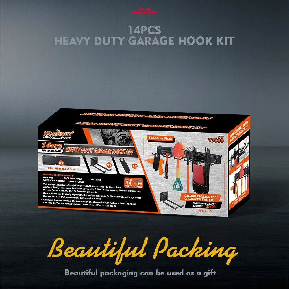 Wall Mounted Hook Rail Set Bike Holder Garden Tool Storage