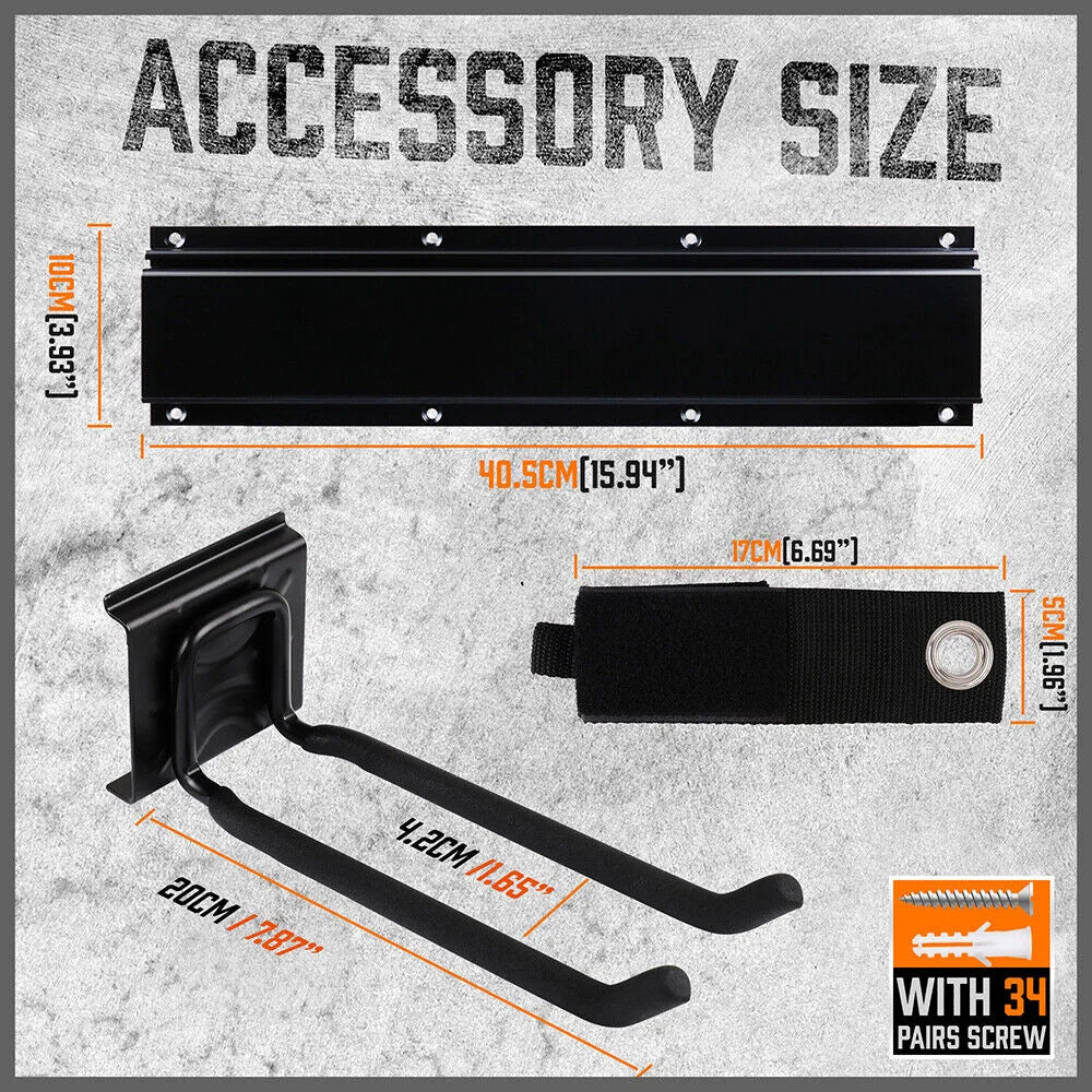 Wall Mounted Hook Rail Set Bike Holder Garden Tool Storage