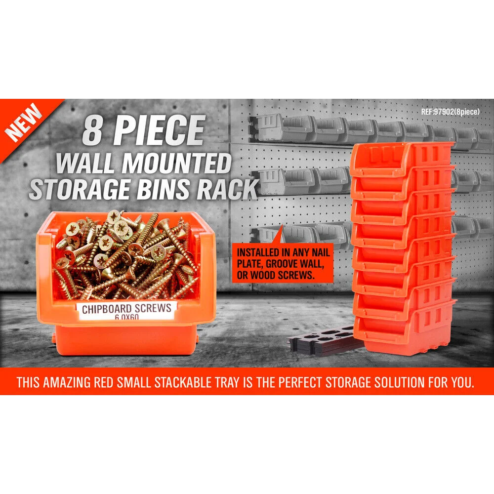 Wall Mounted Storage Bins Set 8 PC Rack Nuts Bolts