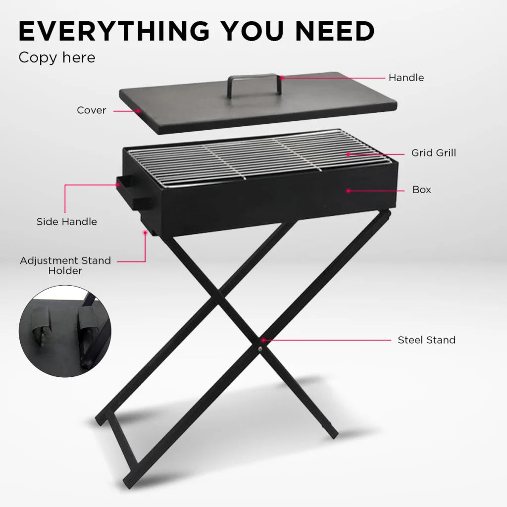 Charcoal wallaroo bbq grill with handles, panels and accessory pieces