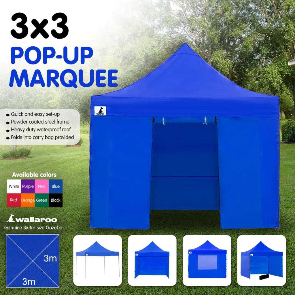 Wallaroo Gazebo Tent Marquee 3x3 PopUp Outdoor- Blue - Home