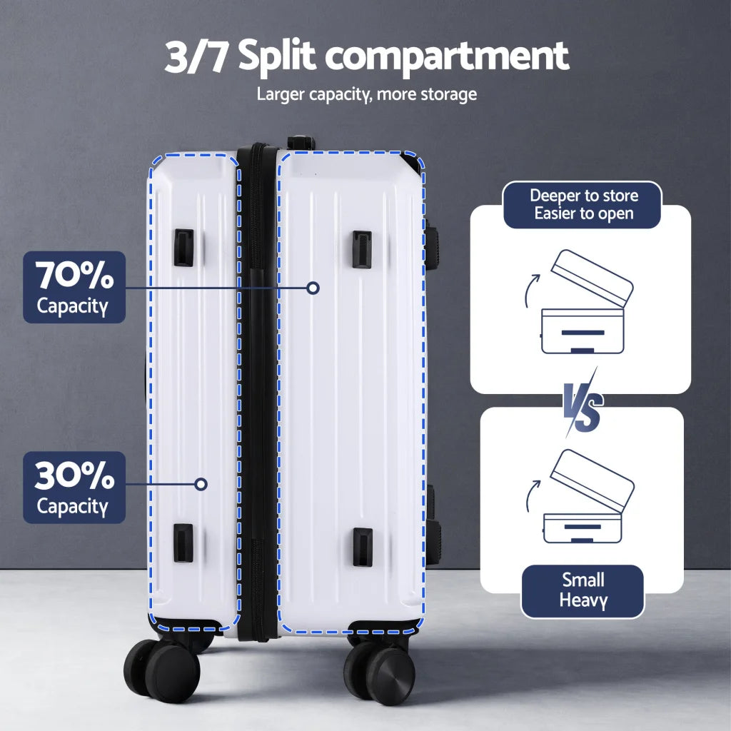 White luggage suitcase with luggage shell and carry handle