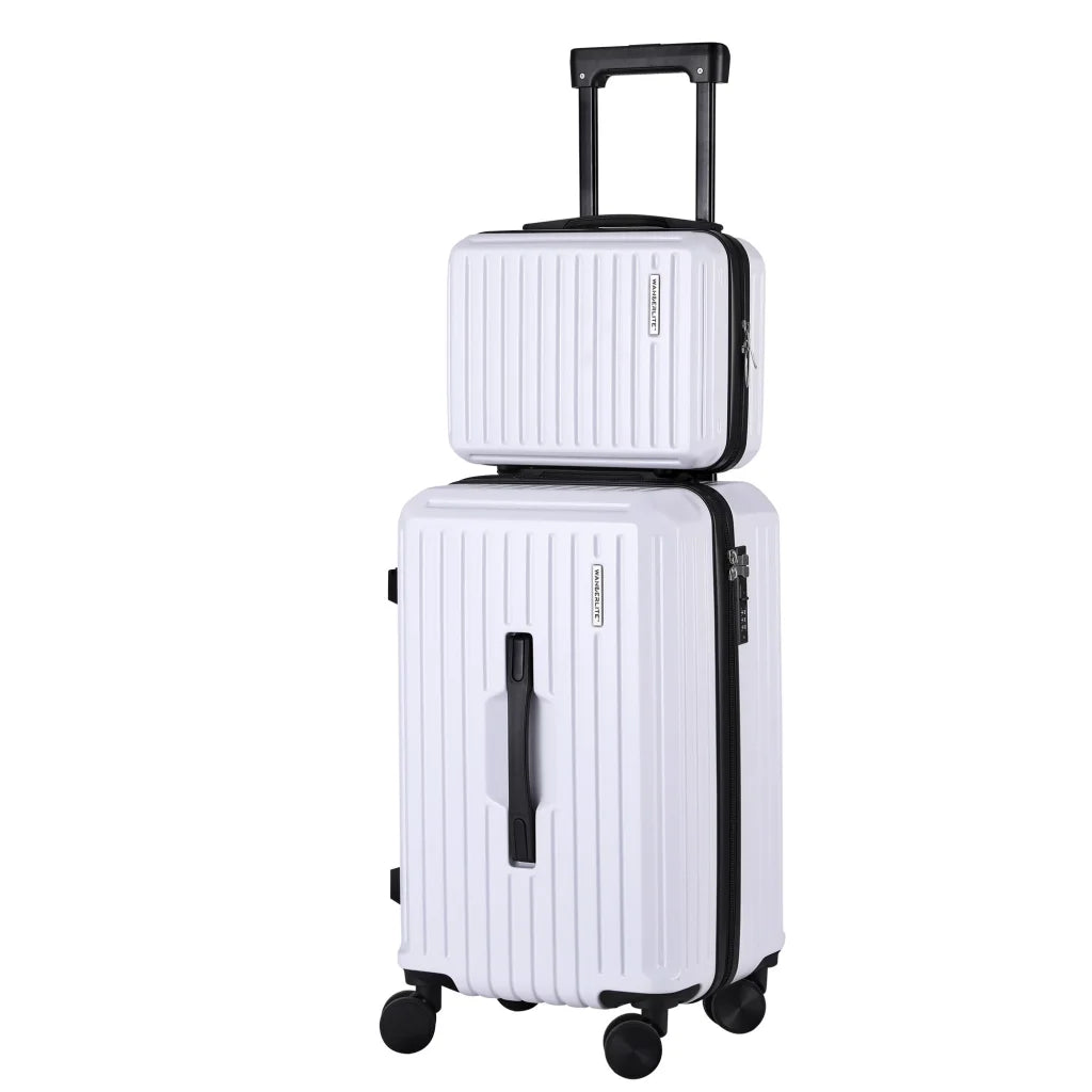 White luggage suitcase with spinner wheels and telescopic handle