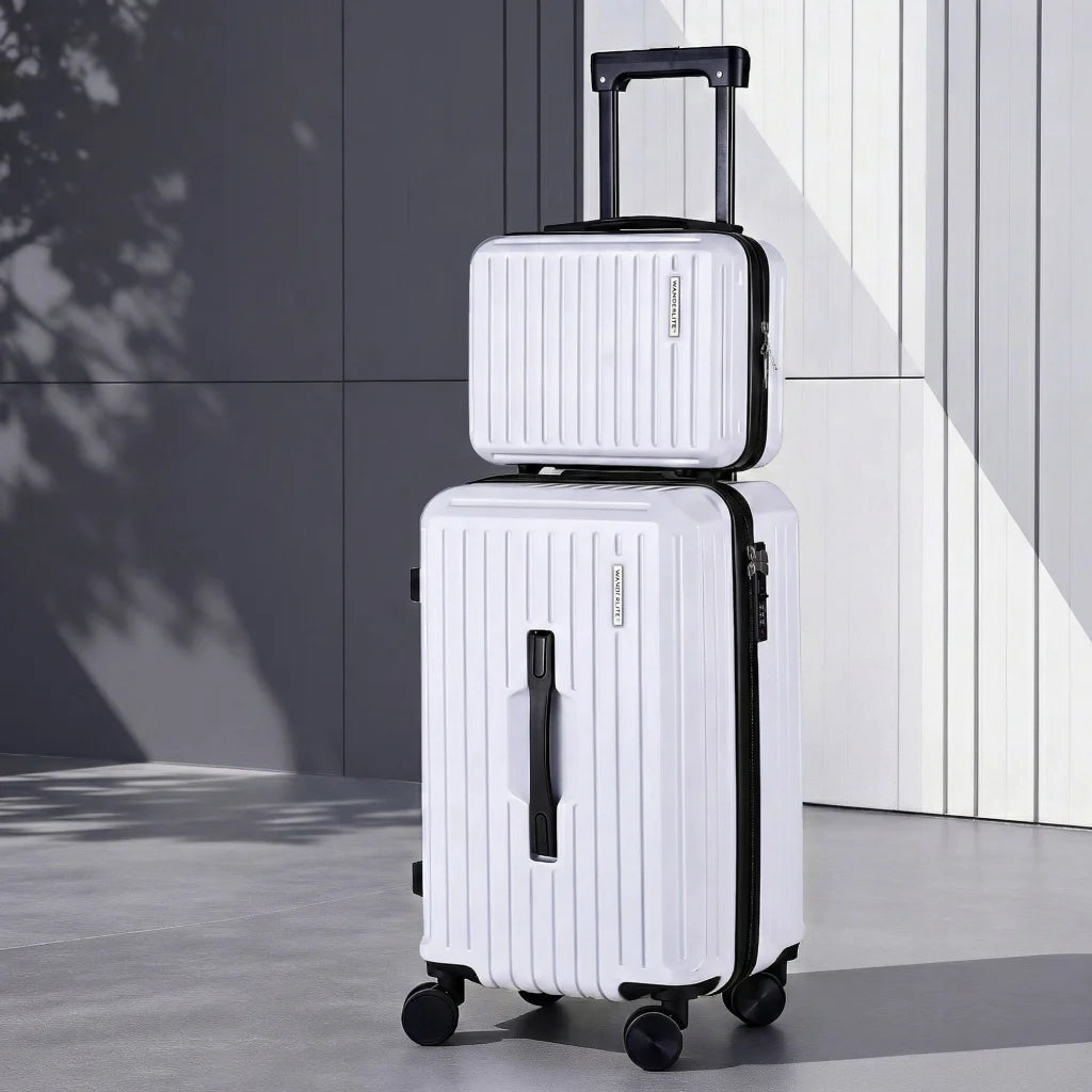 White luggage suitcase with hard shell case and travel handle