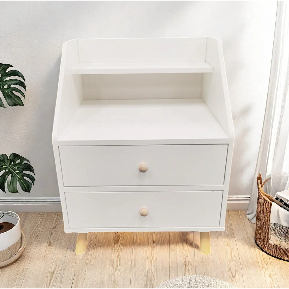 Warm White Nightstand Wooden Legs Knobs Open Storage Two