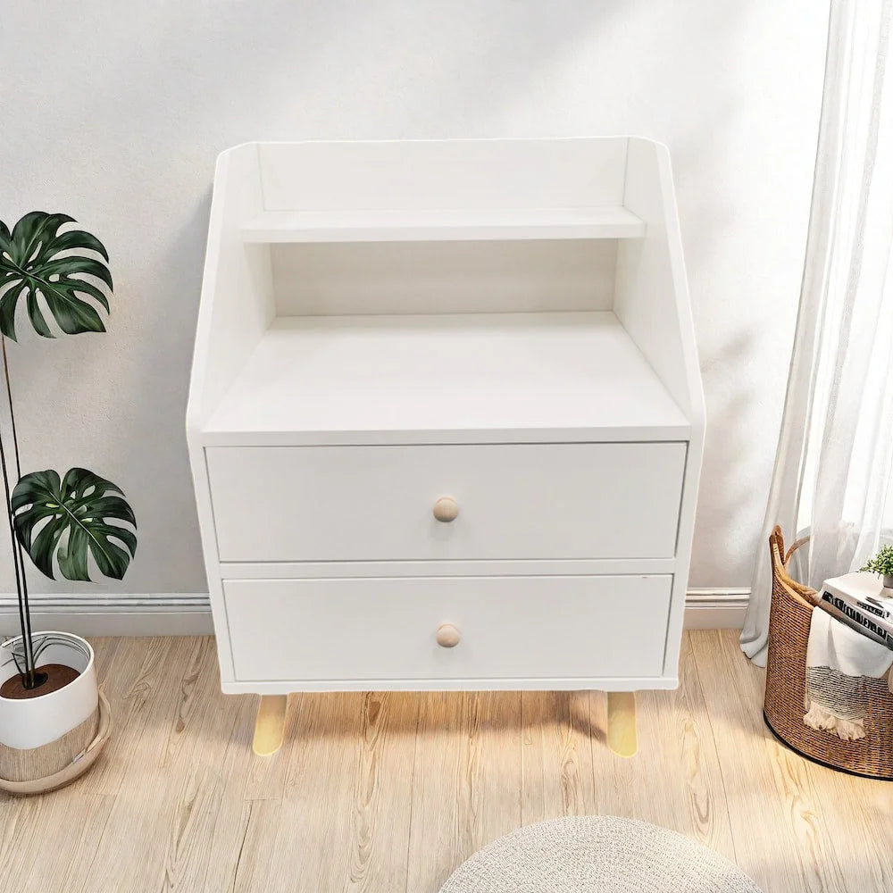 Warm White Nightstand Wooden Legs Knobs Open Storage Two