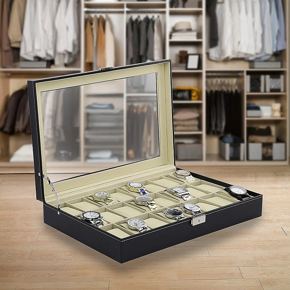 Watch Box 24 Slot Luxury Display Case with Framed Glass Lid
