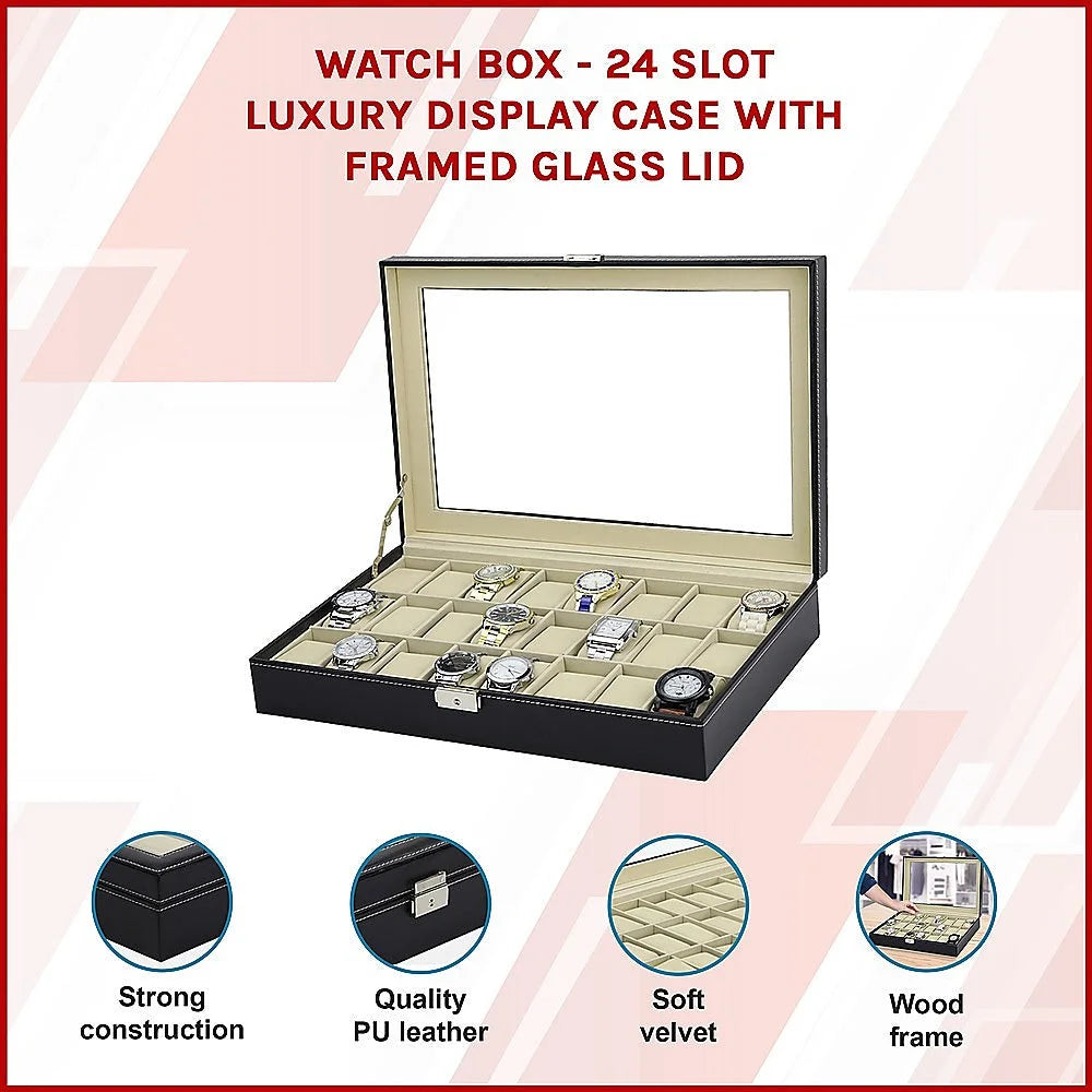 Watch Box 24 Slot Luxury Display Case with Framed Glass Lid
