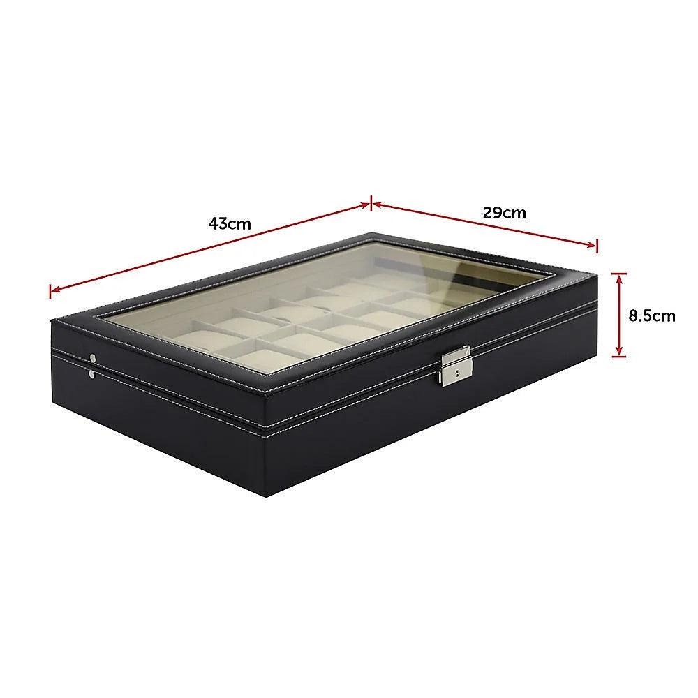 Watch Box 24 Slot Luxury Display Case with Framed Glass Lid