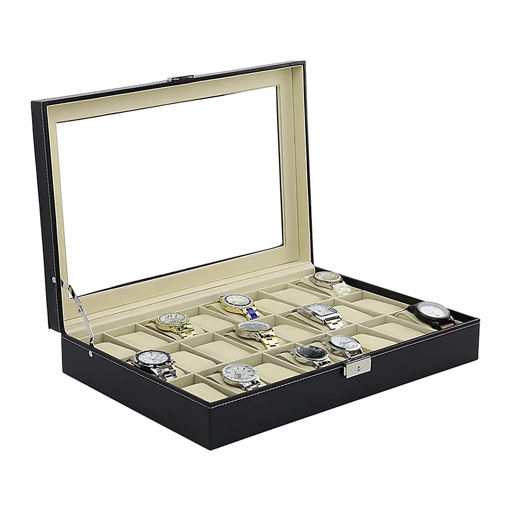 Watch Box 24 Slot Luxury Display Case with Framed Glass Lid
