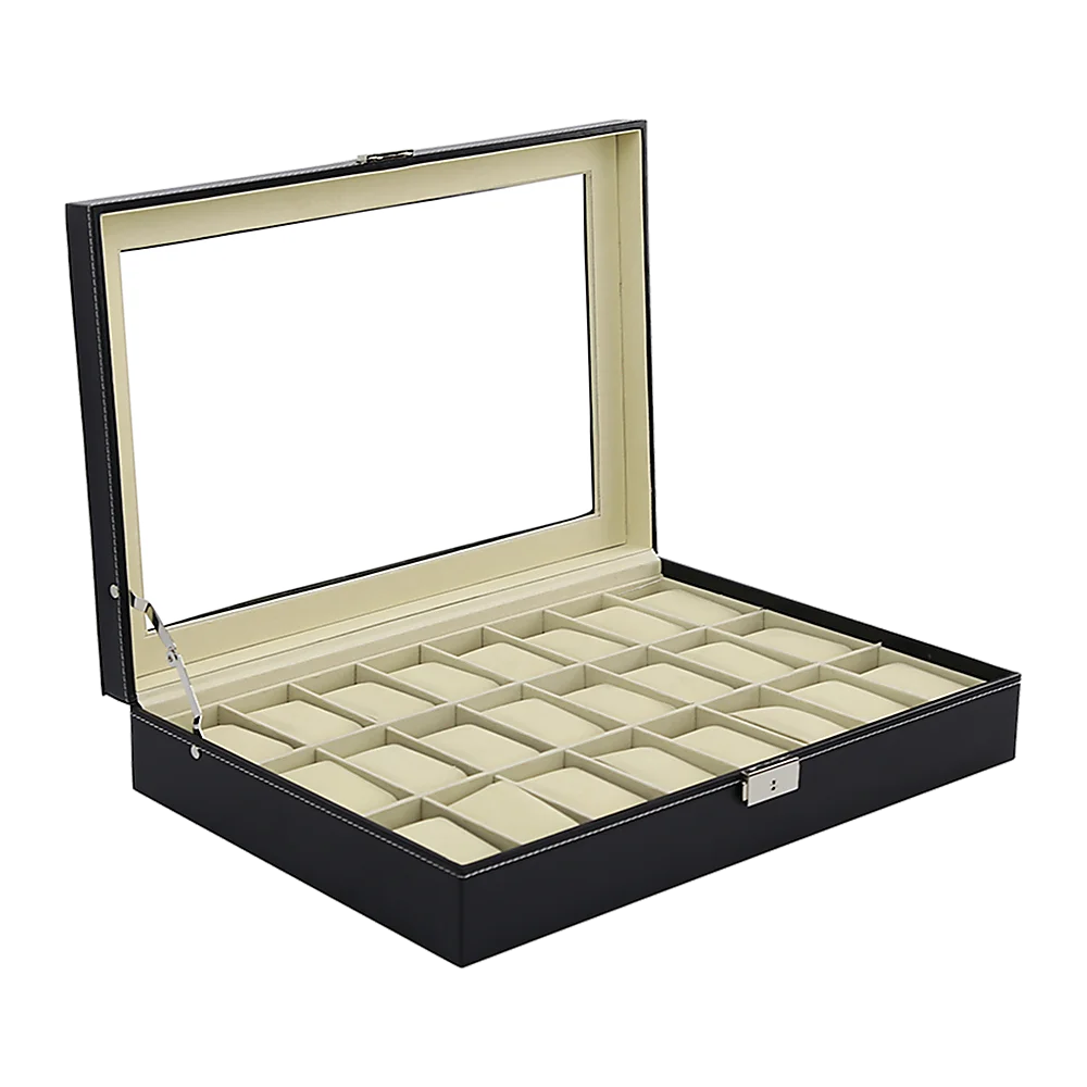 Watch Box 24 Slot Luxury Display Case with Framed Glass Lid