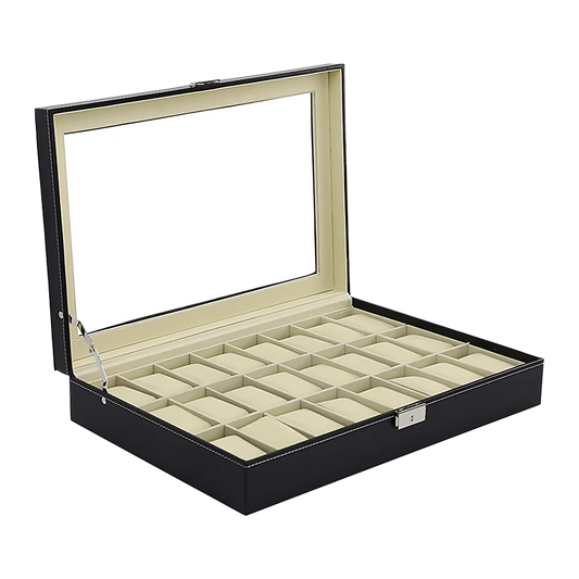 Watch Box 24 Slot Luxury Display Case with Framed Glass Lid