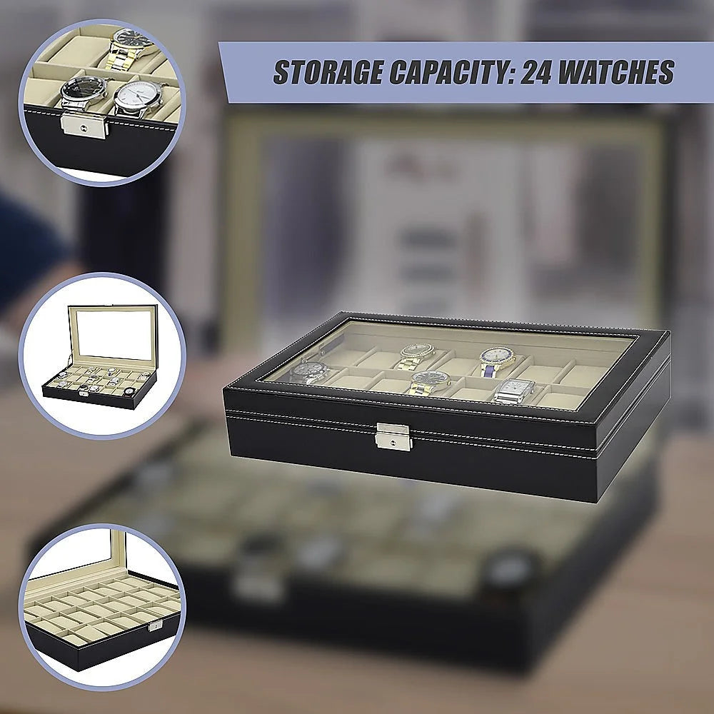 Watch Box 24 Slot Luxury Display Case with Framed Glass Lid